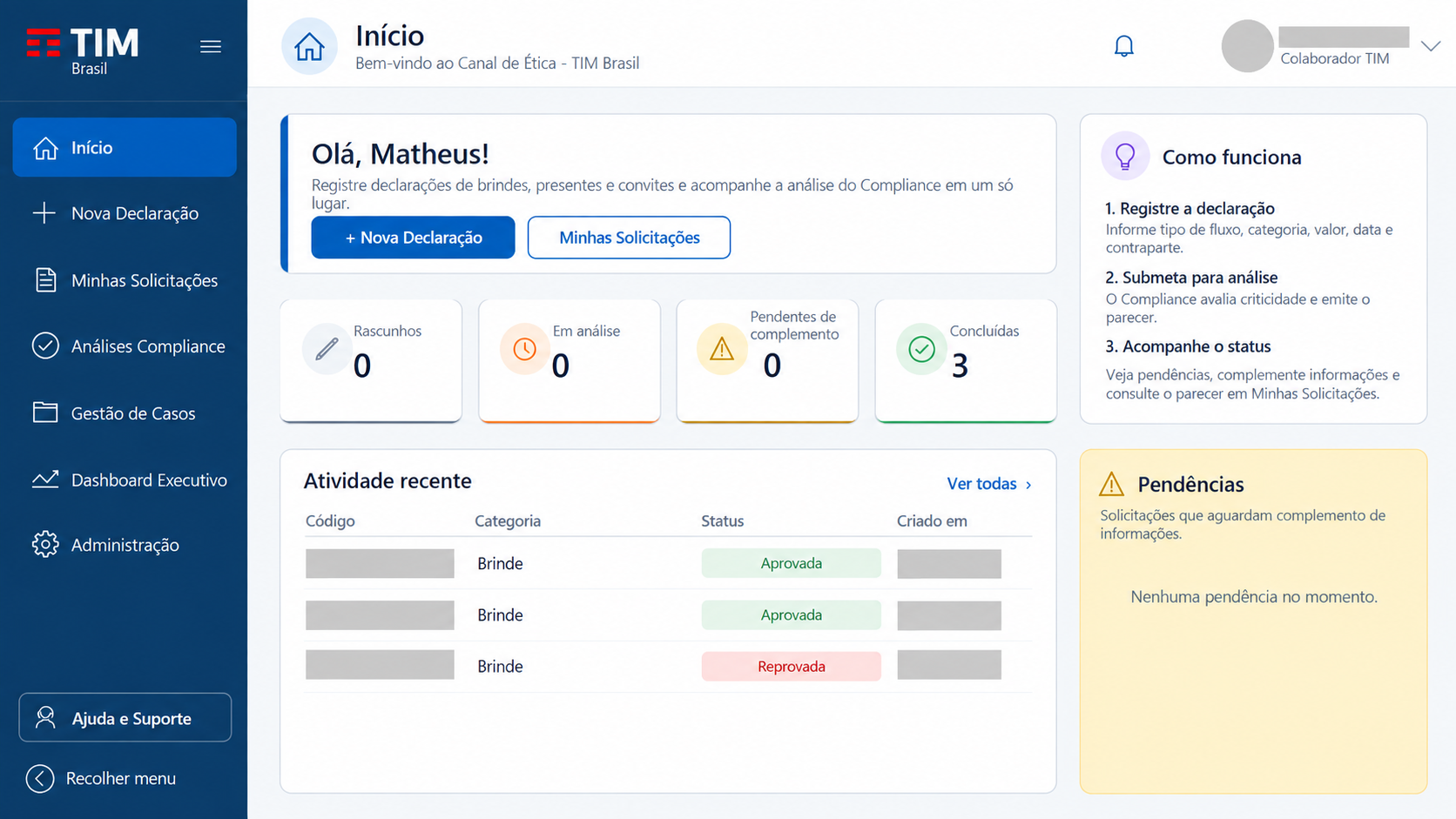 Tela inicial do Canal de Ética com declarações, status e acompanhamento de Compliance